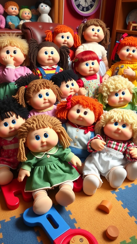 Classic 90s Cabbage Patch Kids Dolls A collection of colorful 90s Cabbage Patch Kids dolls on a playroom floor.